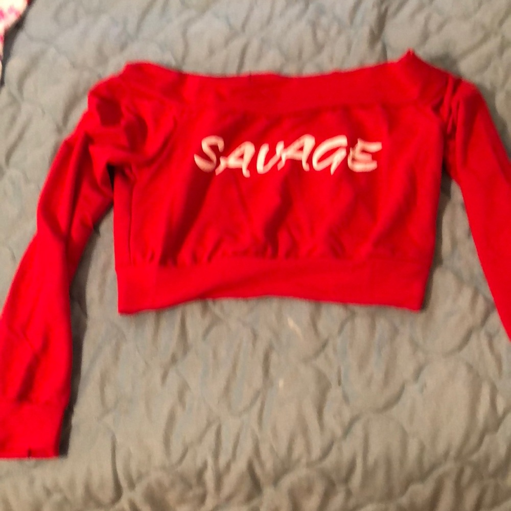 ❌SOLD❌of the shoulder red sweatshirt “savage “.